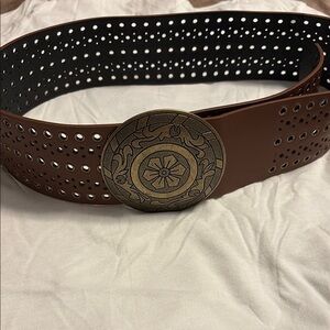 Rustic Brown Leather Belt with Brass Medallion and Perforated Design. 41”x 3”